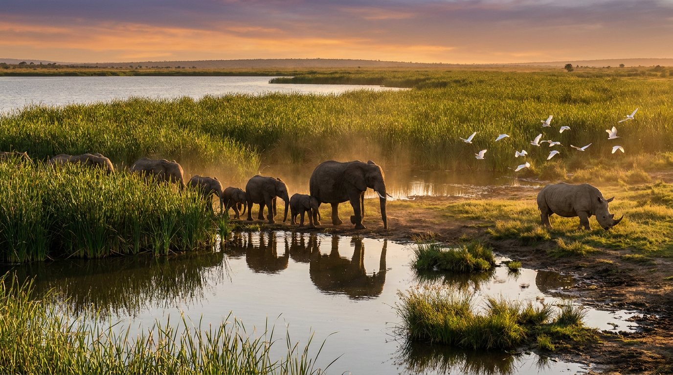 Elephant and rhino on the grasslands of iSimangaliso Wetland Park