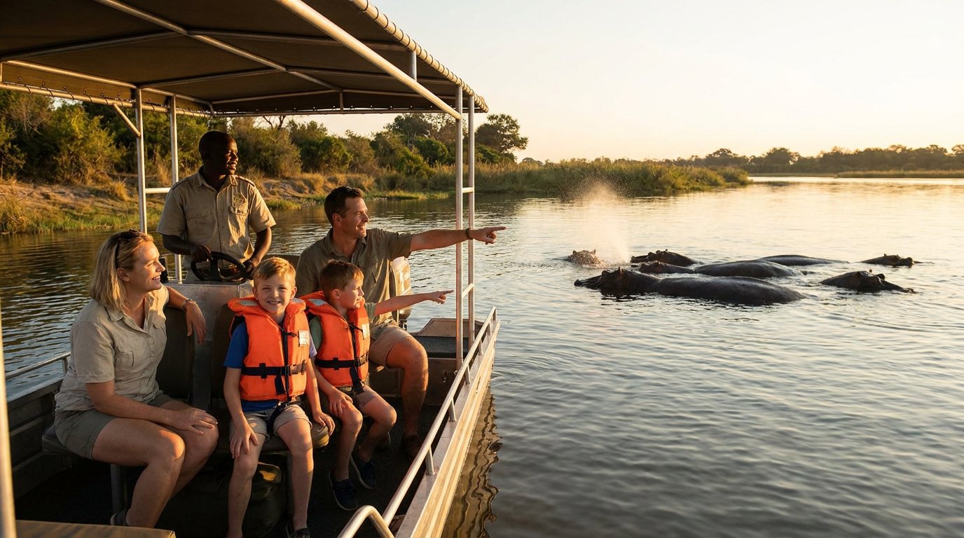 Visitors on an open boat cruise watching the shoreline on the St Lucia estuary
