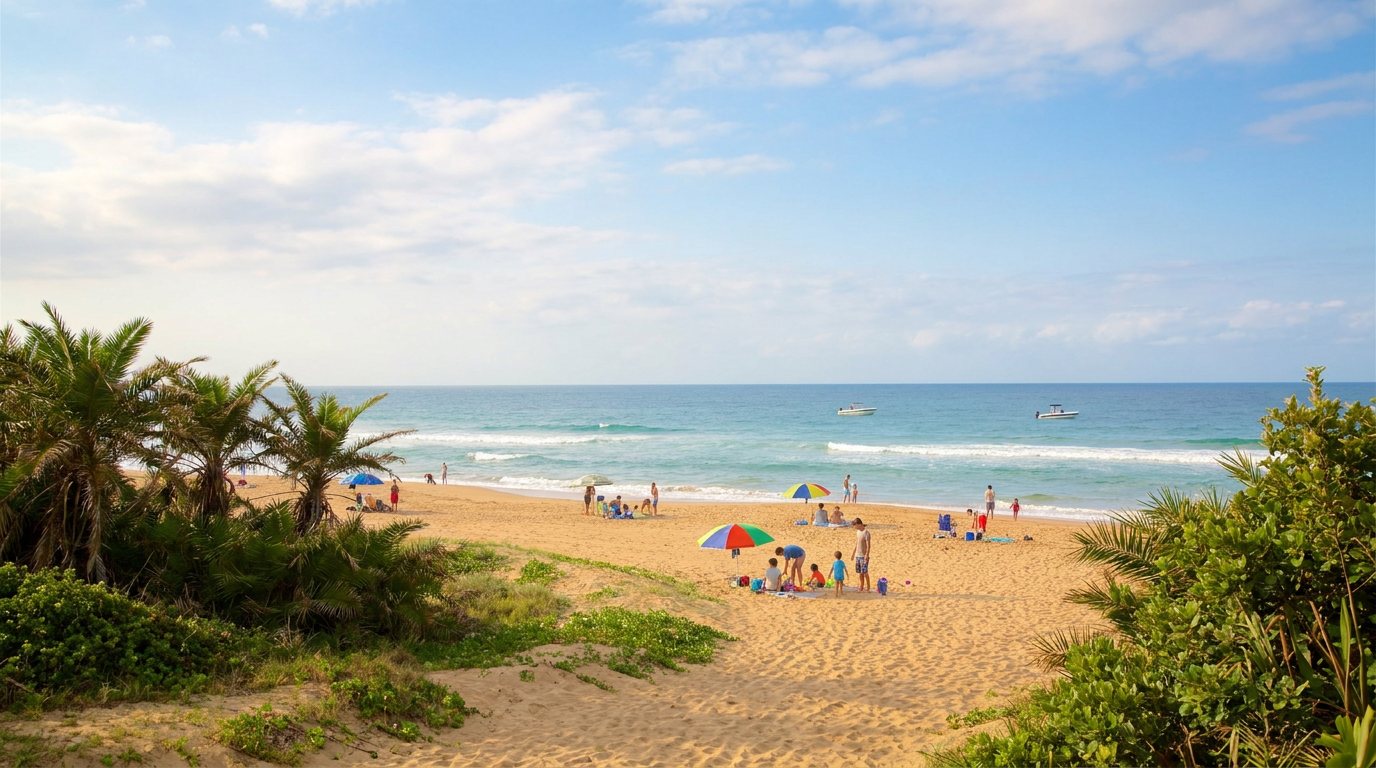 Families with beach umbrellas on the sand, boats offshore beyond the surf