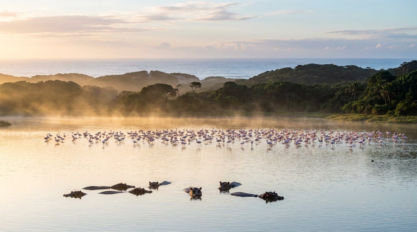 Hippos and flamingos on Lake St Lucia in iSimangaliso Wetland Park