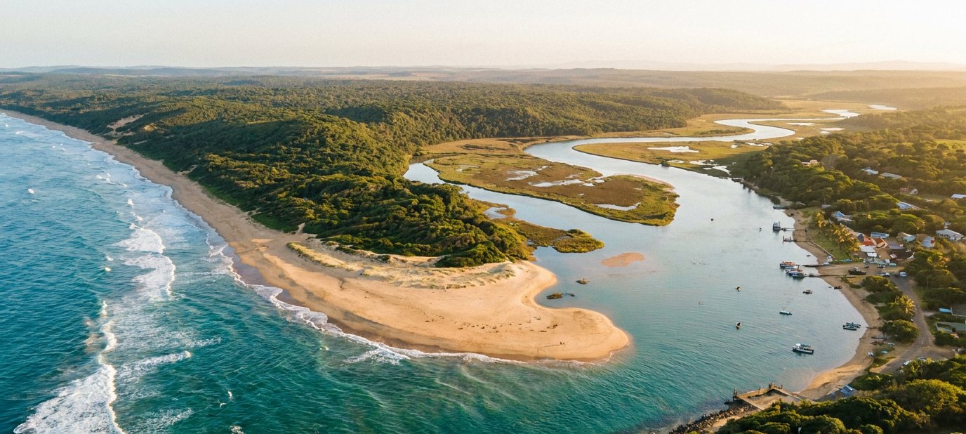 Aerial view of the St Lucia estuary mouth, where the Park Authority head office sits